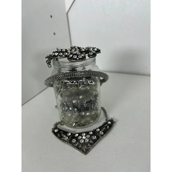 Mixed Silver Tone Costume Jewelry Lot Jar Rhinestone Statement Necklace Brooch - Picture 3 of 11